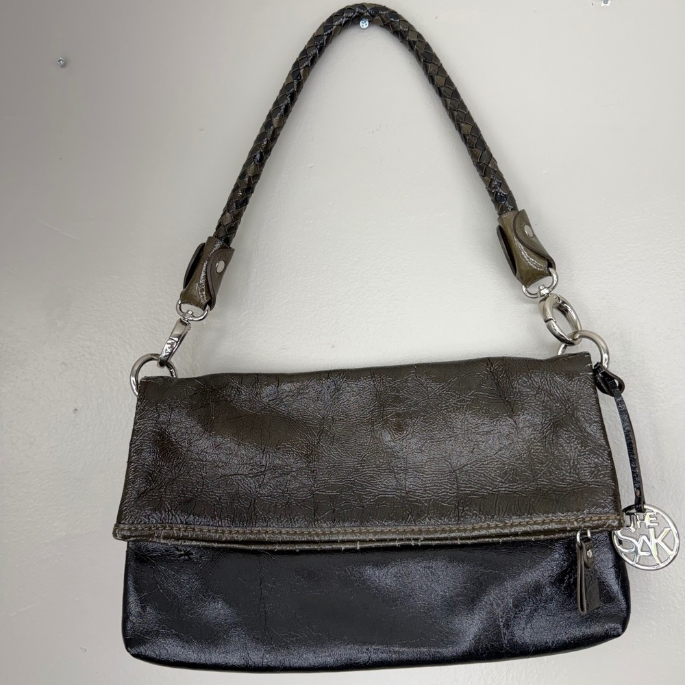 The Sak Olive Green Black Crinkled Patent Leather Foldover Braided Shoulder Bag